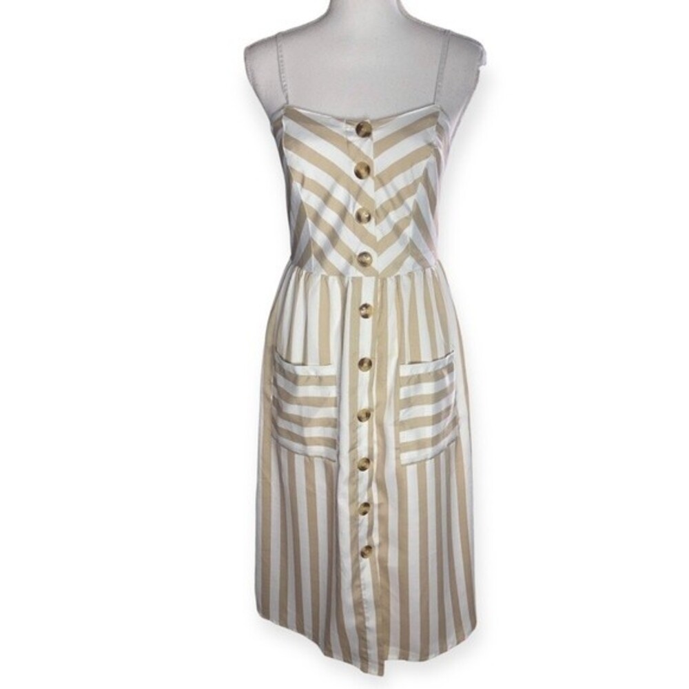 Style House Striped Button Front Pocketed Strappy Midi Dress